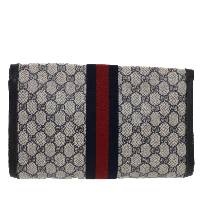 Women Gucci bags with a chain - link trim and a leather bodyWomen Gucci bags with a chain - link trim and a leather bodyGUCCI GG Canvas Sherry Line Clutch Bag PVC Leather Navy Red  49081