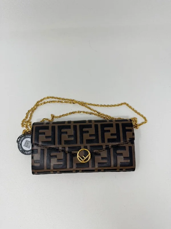 Fendi By The Way bags with a 3D - printed FF logo for a modern and textured lookFendi Zucca Brown Black Leather Wallet on Chain Medium