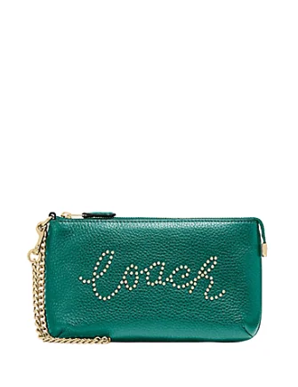 Small - sized Coach crossbody bags in smooth pebble leather for a compact carryCoach Large Wristlet With Studded Coach Script