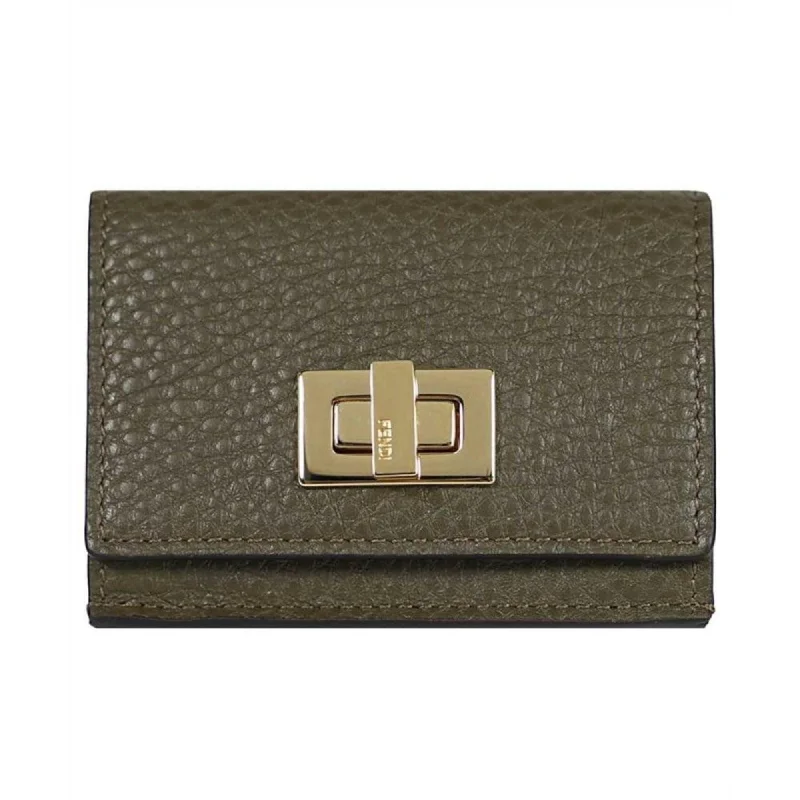 Fendi bags with a detachable camera holder for photography enthusiastsFendi Selleria Leather Avocado Green Micro Trifold Wallet