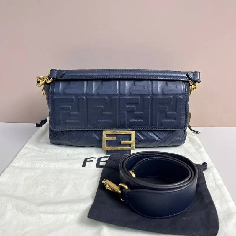 Ladies Fendi crossbody bags with a wide - width strap for enhanced comfort during long - term useFendi Zucca Navy Leather Baguette Bag