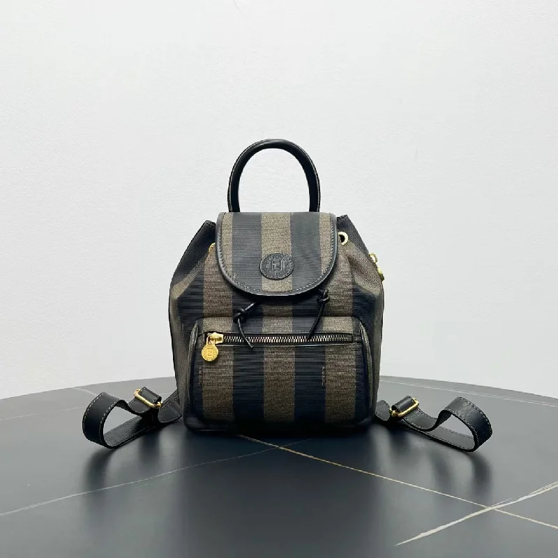 Fendi Sunshine Shopper bags with a structured silhouette and a magnetic - snap closureFendi Striped Canvas Backpack Black Beige Medium Size