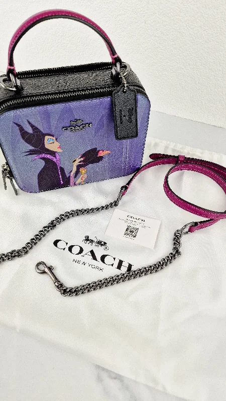 Ladies Coach handbags with a detachable wallet insert for added convenienceDisney x Coach Box Crossbody With Maleficent Motif Lunchbox Bag Purple Leather Villains - Coach CC376