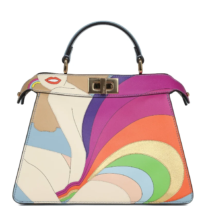 Fendi handbags with a metallic - finish FF logo for a bold and glamorous lookFendi Small Peekaboo ISeeU Handbag Multicolored Calfskin Gold Hardware