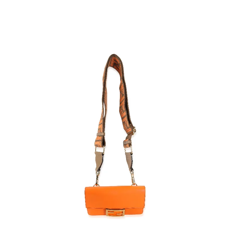 Fendi crossbody bags with a detachable wallet on chain for a hands - free wallet optionFENDI Orange Calfskin Mini Flat Baguette with Brown 'Strap You' Strap