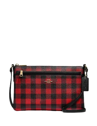 Coach crossbody bags with a woven leather strap for a unique textureCoach East West Buffalo Plaid Print Crossbody Bag With Pop Up Pouch