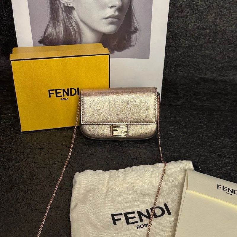 Fendi handbags with a metal - framed clasp for durability and a stylish lookFendi Rose Gold Mini Baguette 10cm