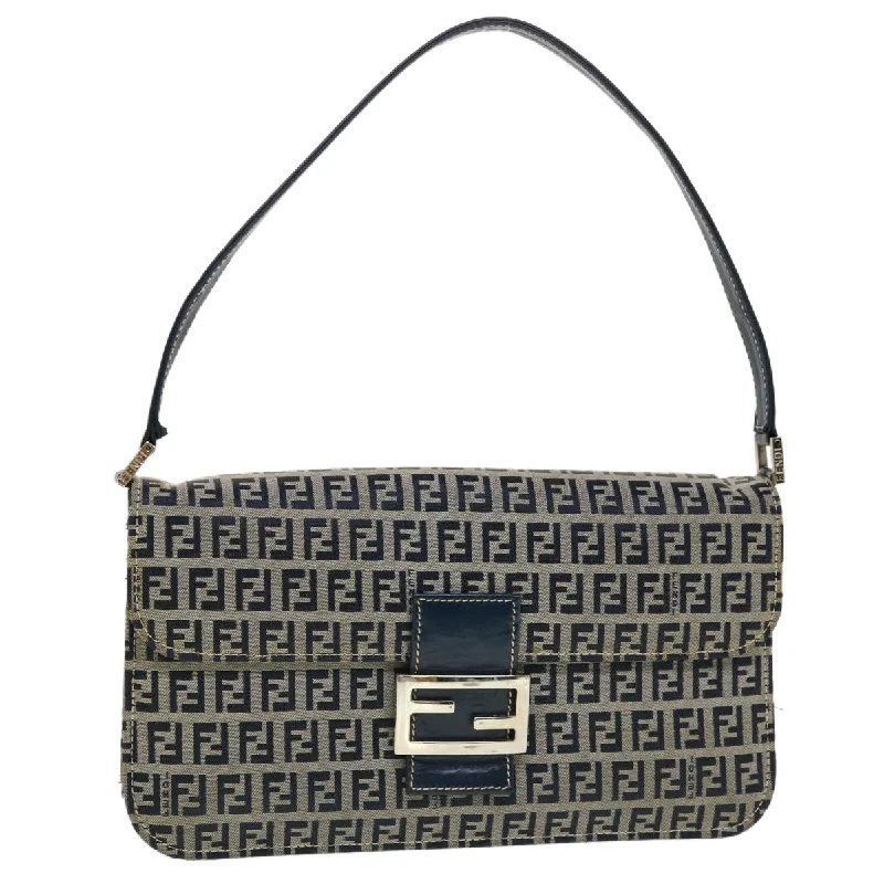 Fendi handbags with a glow - in - the - dark FF logo for a fun and unique featureFENDI Mamma Baguette Zucchino Canvas Shoulder Bag Navy  44520