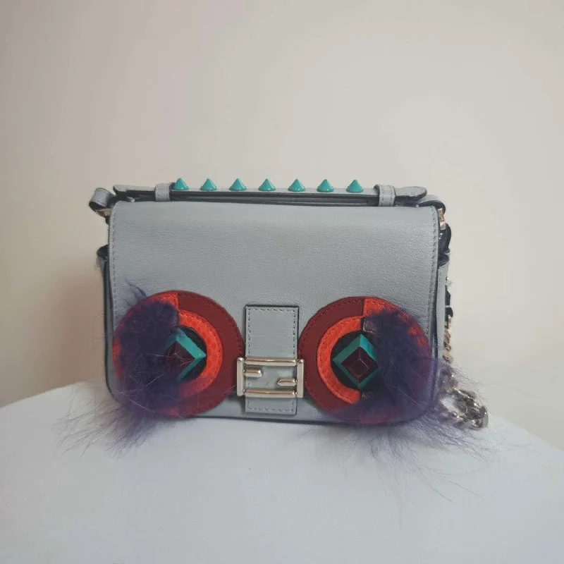 Fendi bags with a detachable camera holder for photography enthusiastsFendi Micro Double Baguette Gray Leather Multicolor Embellished Small Crossbody Bag