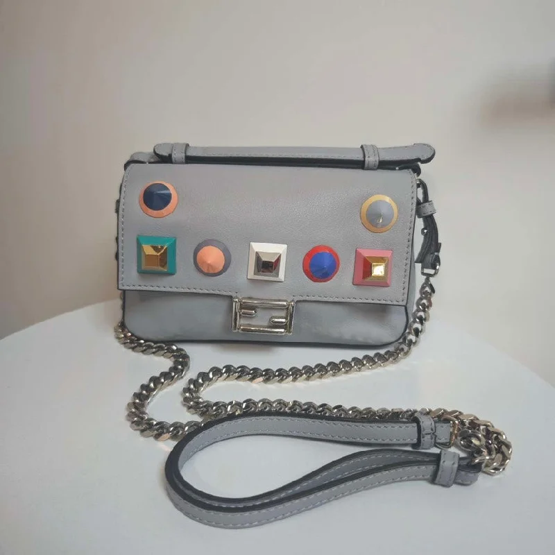 Fendi Baguette bags with a studded leather trim for a bold and edgy lookFendi Micro Double Baguette Grey Leather Shoulder Bag Small