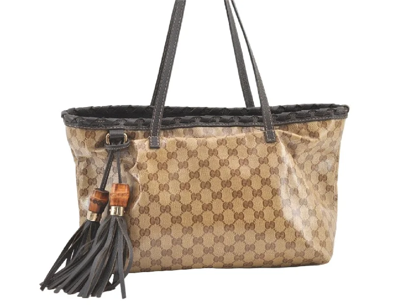 Women Gucci Sylvie bags with a crystal - embellished web stripeWomen Gucci Sylvie bags with a crystal - embellished web stripeAuthentic GUCCI GG Crystal Bamboo Tote Bag GG PVC Leather 354665 Brown 1447K