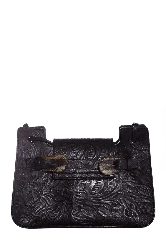 Ladies Fendi shoulder bags with a tassel - decorated zipper for added charm and styleFendi Vintage Black Leather Embossed Flower Handle Bag