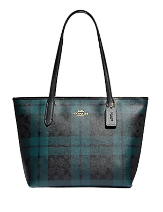 Coach handbags with a metal - framed clasp for durability and styleCoach Zip Top Tote in Signature Canvas with Field Plaid Print