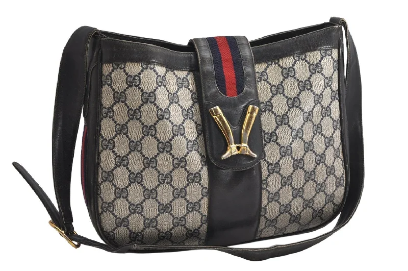 Women Gucci bags with a front - zip pocket for small itemsWomen Gucci bags with a front - zip pocket for small itemsAuthentic GUCCI Sherry Line Shoulder Bag Purse GG PVC Leather Navy Blue 1821K