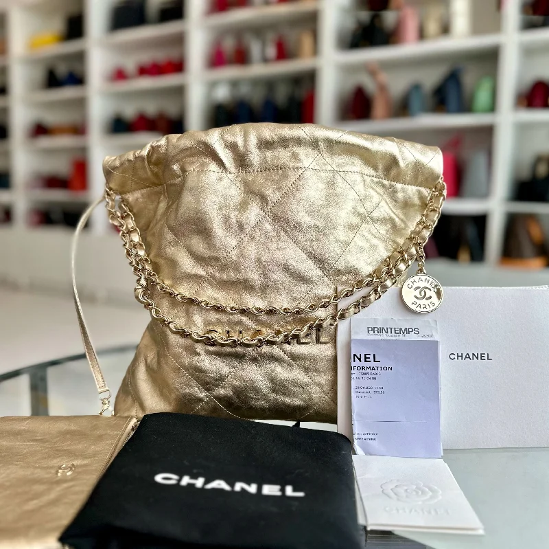 Chanel Classic Flap Bag for Evening Party*Brand New, Receipt, Microchip* C22 Small Hobo 22 Bag Gold Calfskin GHW