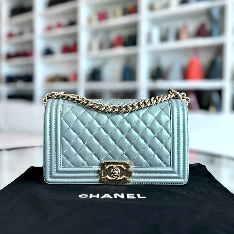 Chanel Black Handbag for Business MeetingsBoy Old Medium 25CM Iridescent Calfskin Leboy Light Blue GHW No 22