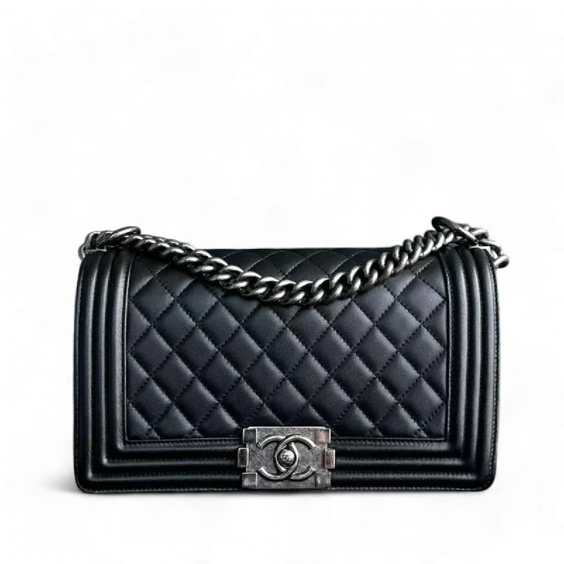 Chanel All - Match Handbag for Versatile StylingChanel Boy Old Medium 25CM Quilted Lambskin Black Leboy Ruthenium Silver Hardware