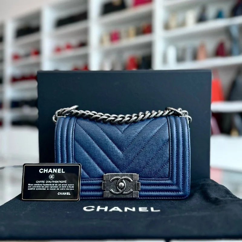 Chanel Handbag with Adjustable Strap for ComfortBoy Small Caviar Chevron Calfskin Leboy Dark Navy Blue Ruthenium RSHW No 25