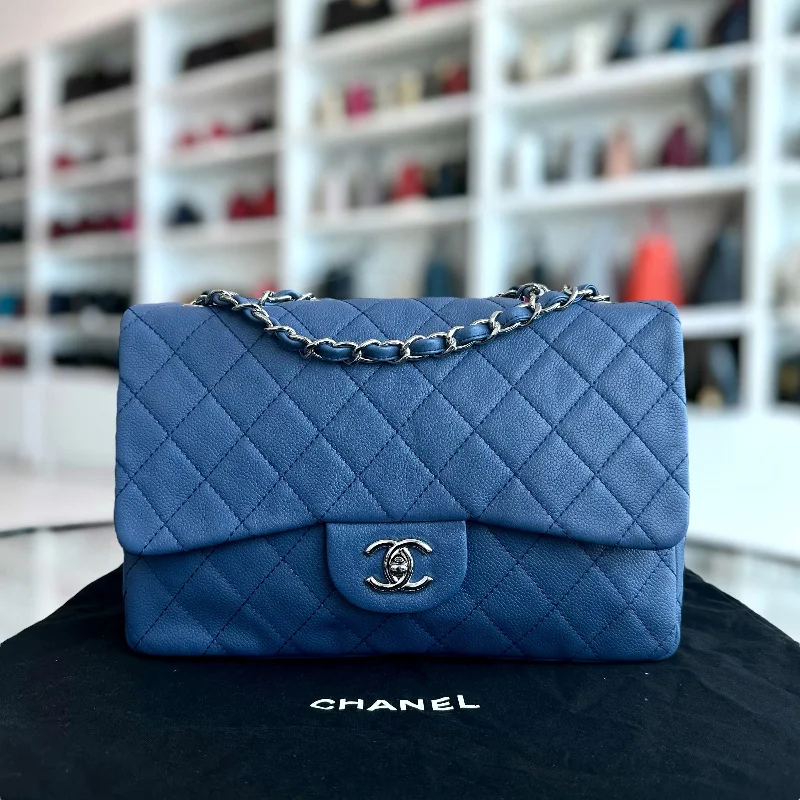 Chanel Quilted Leather Shoulder Bag for FashionistasCaviar Jumbo Classic Flap 30CM Quilted Calfskin Blue SHW No 12