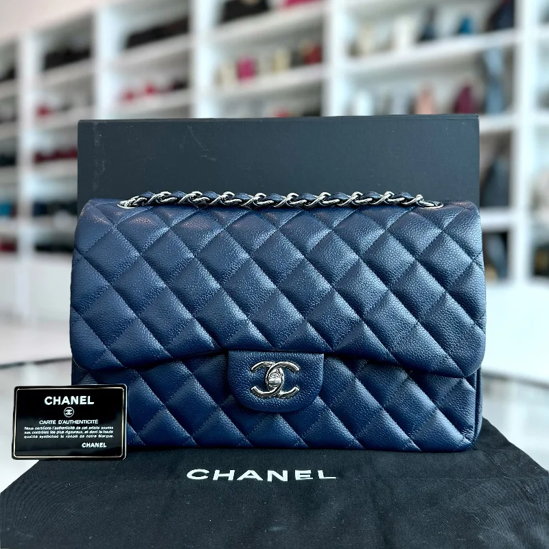 Chanel All - Match Handbag for Versatile StylingCaviar Jumbo Classic Flap Quilted Calfskin Dark Blue SHW No 15