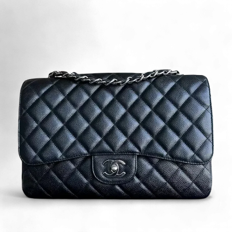 Chanel Chain Strap Handbag for Everyday UseCaviar Jumbo Classic Flap Quilted Grained Calfskin Black Silver Hardware Series 12