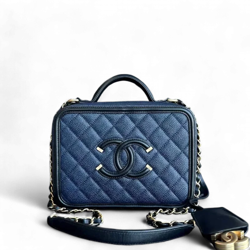 Chanel New Arrival Handbag with Gold HardwareChanel Caviar Medium filigree Vanity Case Quilted Grained Calfskin Dark Blue Golden Hardware Series 24