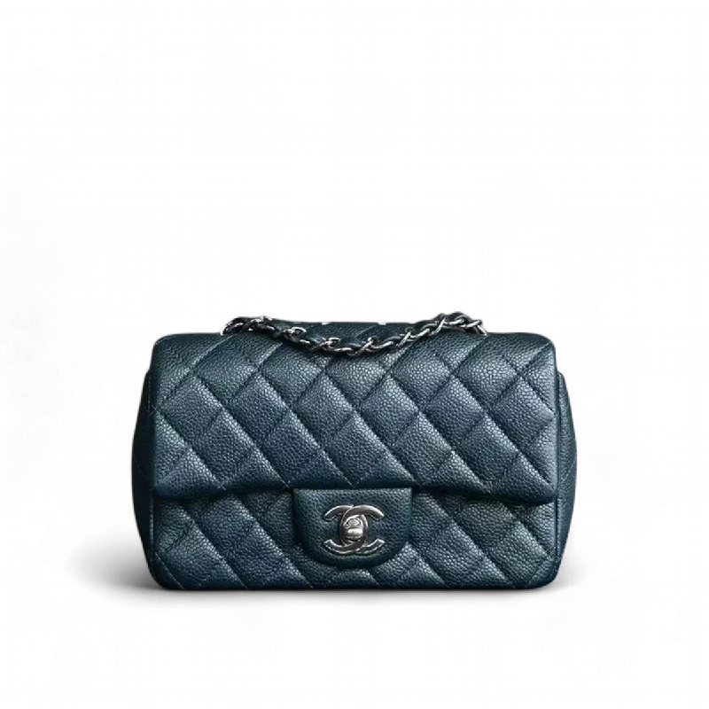 Chanel Designer Handbag with Unique DesignCaviar Mini Rectangular Classic Flap Quilted Calfskin Dark Green Silver Hardware