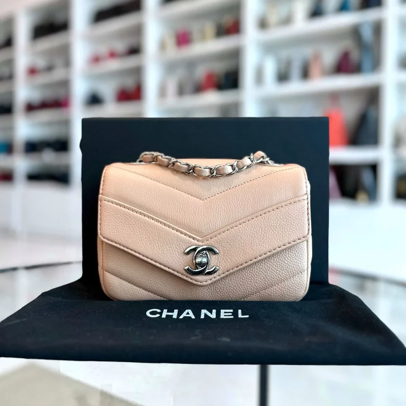 Chanel Quilted Leather Shoulder Bag for FashionistasCaviar V Stitch Chevron Mini Square Nude SHW No 24