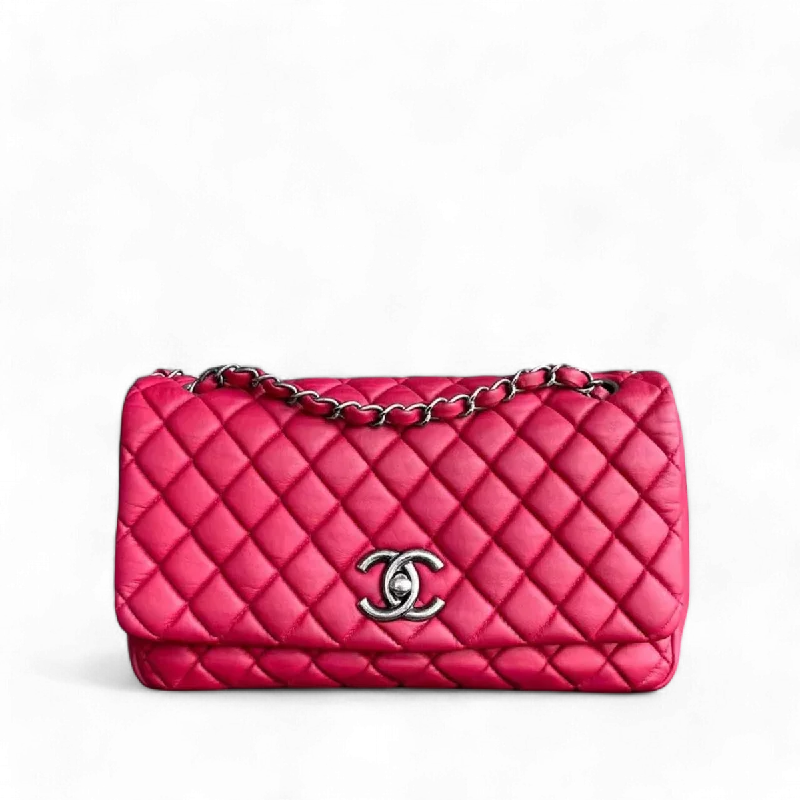 Chanel Quilted Leather Shoulder Bag for FashionistasCC Puffer Bubble Seasonal Classic Flap Calfskin Red Silver Hardware Series 17