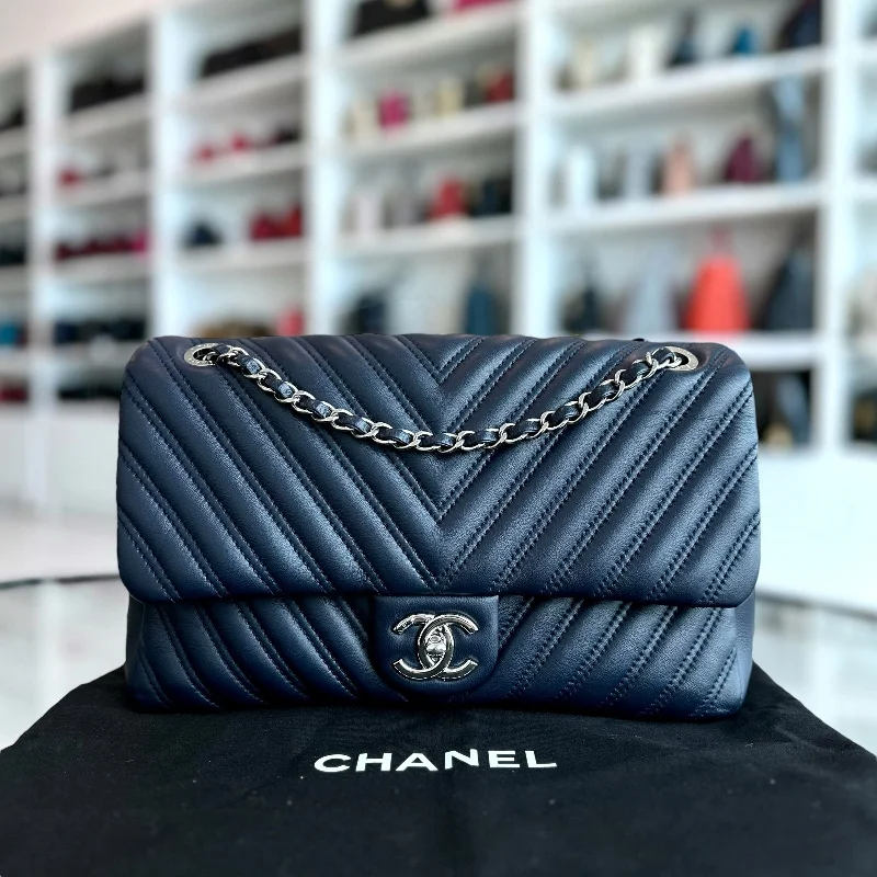 Chanel Limited Edition Handbag for CollectorsChevron Classic Seasonal Jumbo Flap 30CM Lambskin Dark Blue SHW No 21