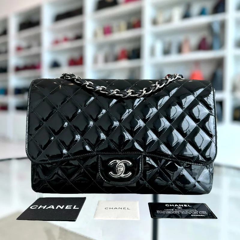 Chanel Handbag with Adjustable Strap for ComfortJumbo Classic Flap Single Flap Patent Leather Black SHW No 13