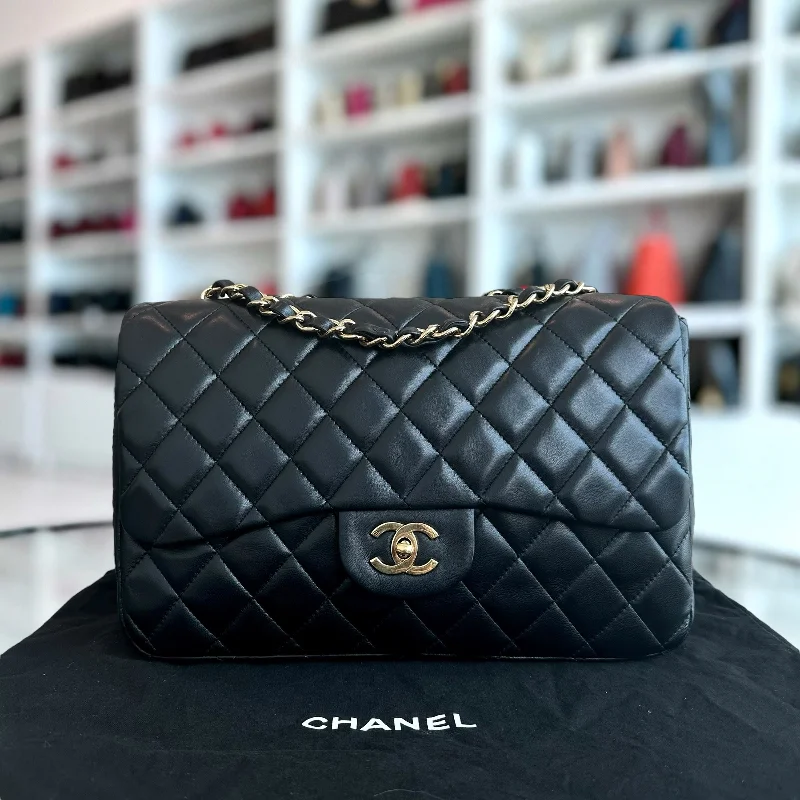 Chanel Lightweight Handbag for Daily ErrandsJumbo Classic Flap Single Flap Quilted Lambskin Black GHW No 12