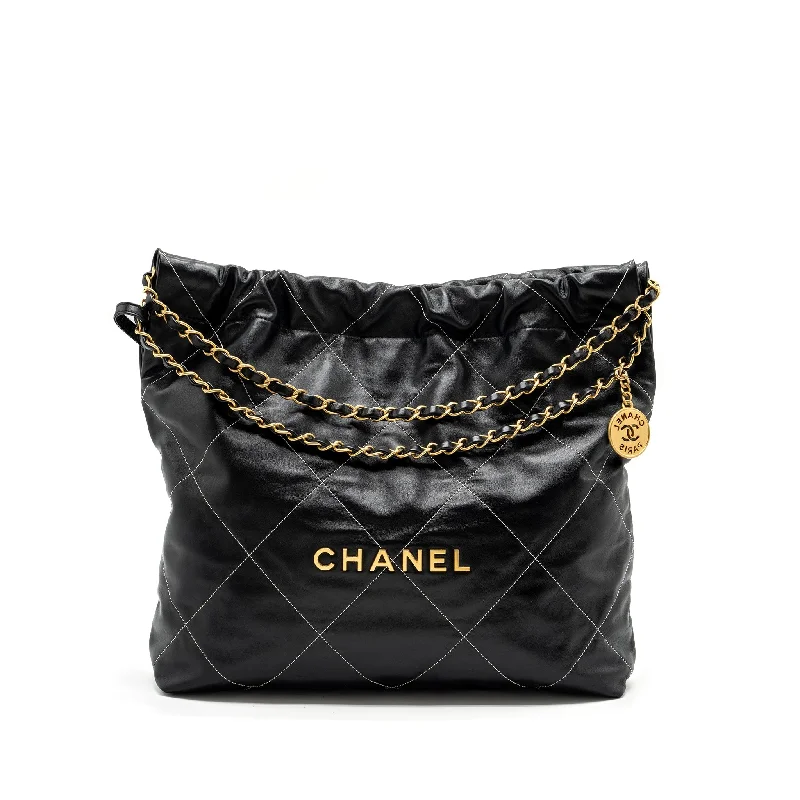 Chanel Vintage Inspired Handbag for Retro LoversChanel Medium 22 Bag Shiny Calfskin Black With White Stitching Gold Letter GHW (Microchip)