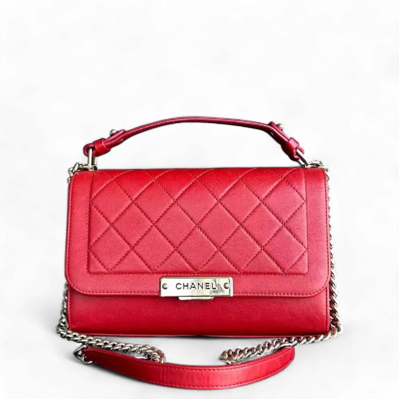 Chanel Limited Edition Handbag for CollectorsMedium Label Click Flap Quilted Grained Calfskin Red Golden Hardware Series 24