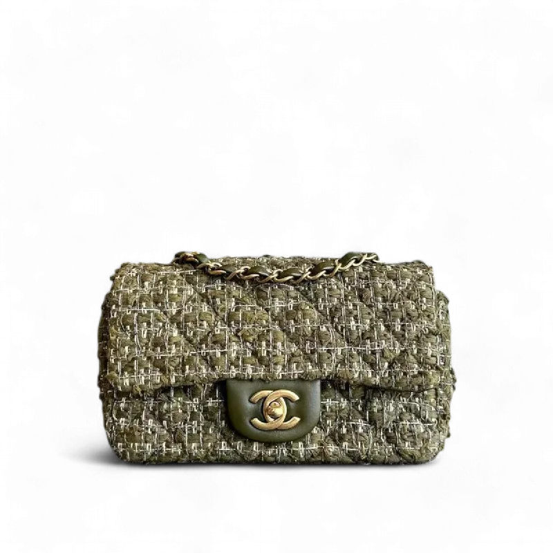 Chanel Quilted Leather Shoulder Bag for FashionistasMini Rectangular Classic Flap Quilted Tweed Green Golden Hardware Series 23