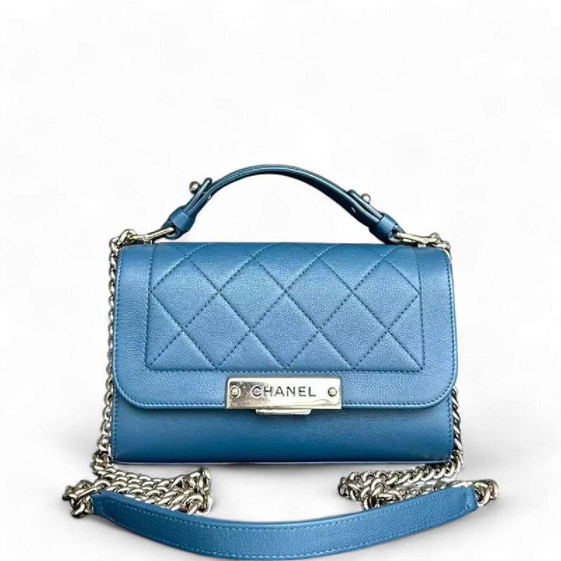 Chanel New Arrival Handbag with Gold HardwareChanel Label Click Flap Small - Quilted Grained Calfskin Blue Golden Hardware Series 23