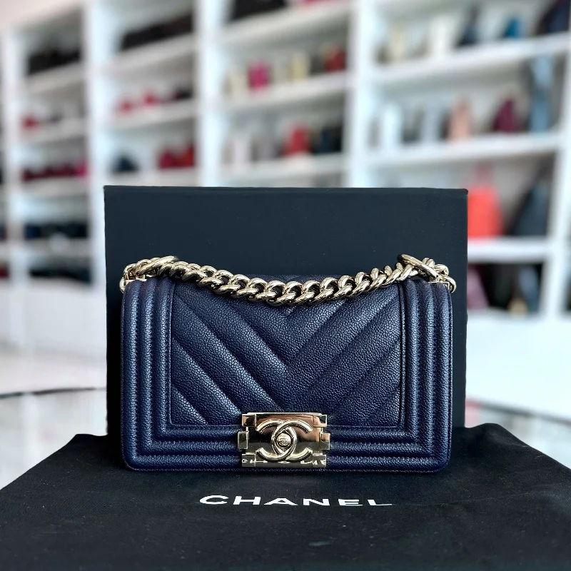 Chanel Designer Handbag with Unique Design*Like New* Caviar Boy Small 20CM Chevron Grained Calfskin Leboy Dark Blue GHW No 24