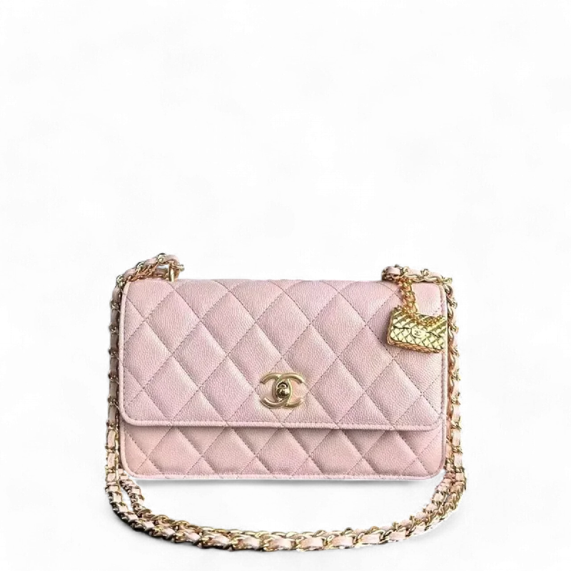 Chanel Classic Flap Bag for Evening Party*Microchip* Chanel Caviar 23S - Wallet On Chain WOC Quilted Grained Calfskin Sakura Pink Golden Hardware