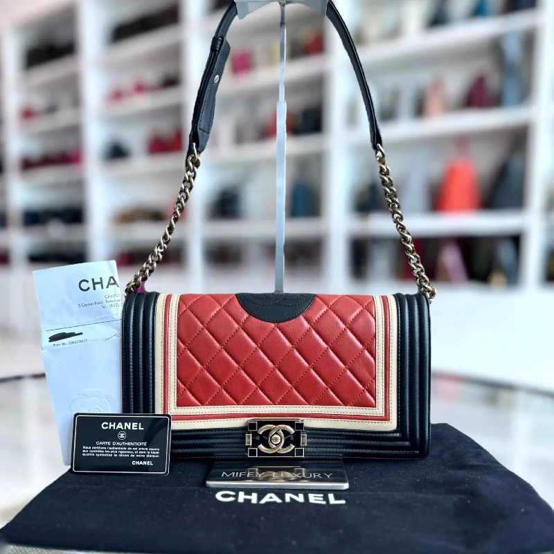 Chanel Handbag with Adjustable Strap for Comfort*Receipt* Boy East West Crest Lambskin Embellished Cruise 2016 Leboy Shoulder Bag No 21