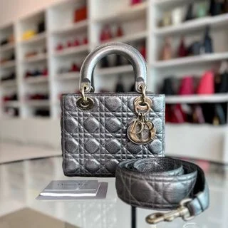 Christian Dior handbags with a back - pocket for quick storageLady Small Grained Calfskin Metallic Gunmetal GHW