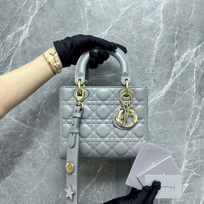 Christian Dior handbags with a detachable mirror for on - the - go touch - upsLady Small Lambskin Charm Badge Grey LGHW