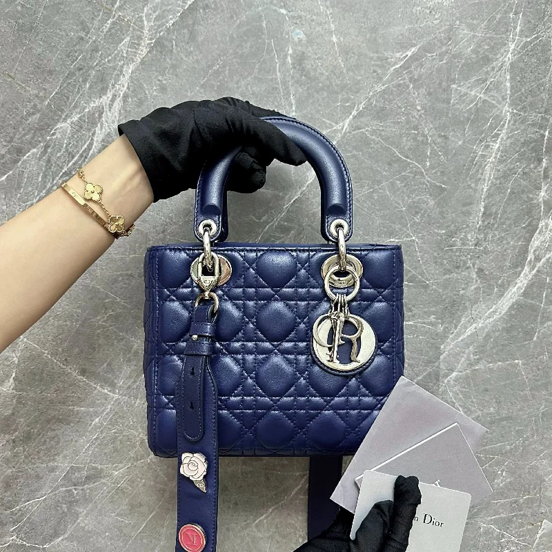 Christian Dior bags with a side - pocket for holding a water bottleLady Small Lambskin Dark Blue Charm Badge SHW