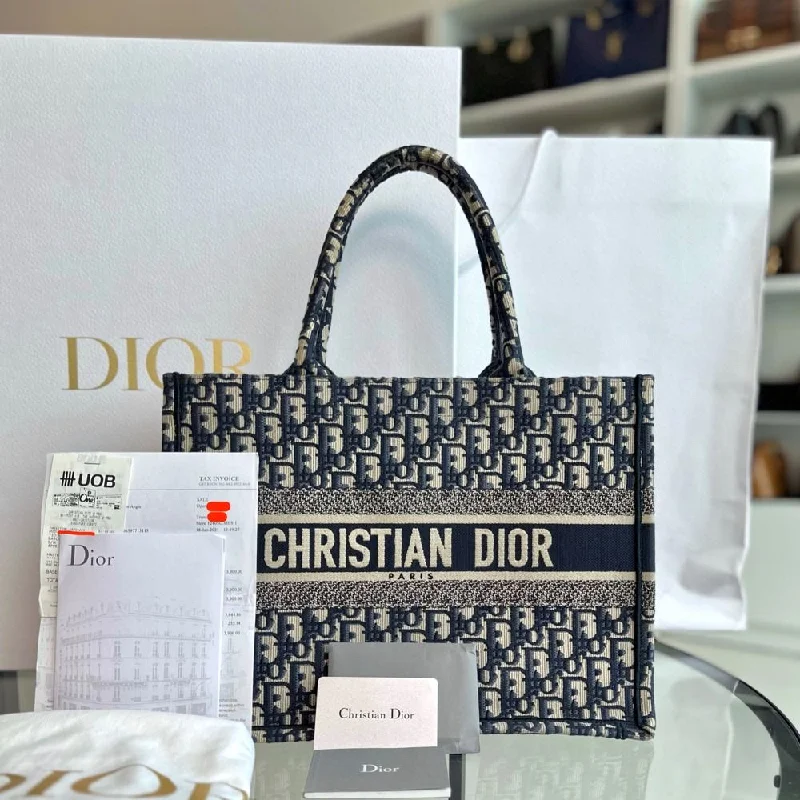 High - fashion Christian Dior bags with a geometric pattern*Full Set, Receipt* Book Tote Medium Oblique Canvas Blue