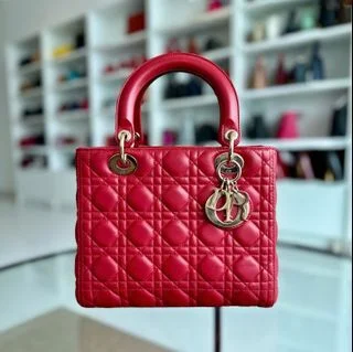 Christian Dior bags with a detachable coin purse inside*No Strap* Lady Medium Lambskin Red GHW