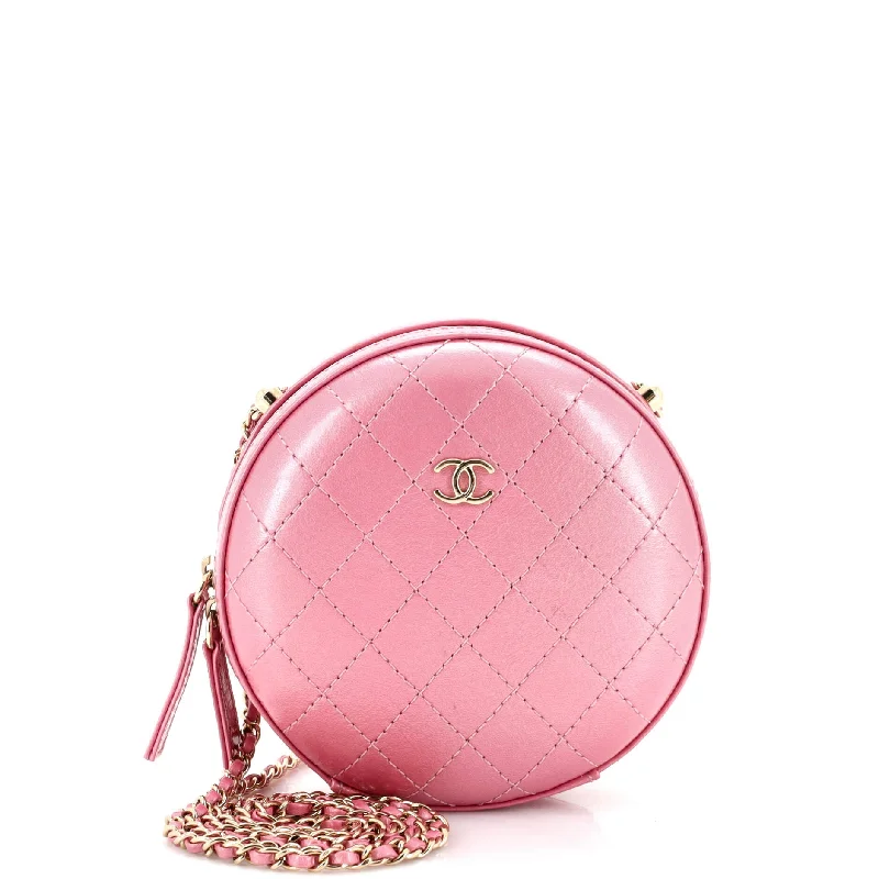 Round Clutch with Chain Quilted Iridescent Calfskin